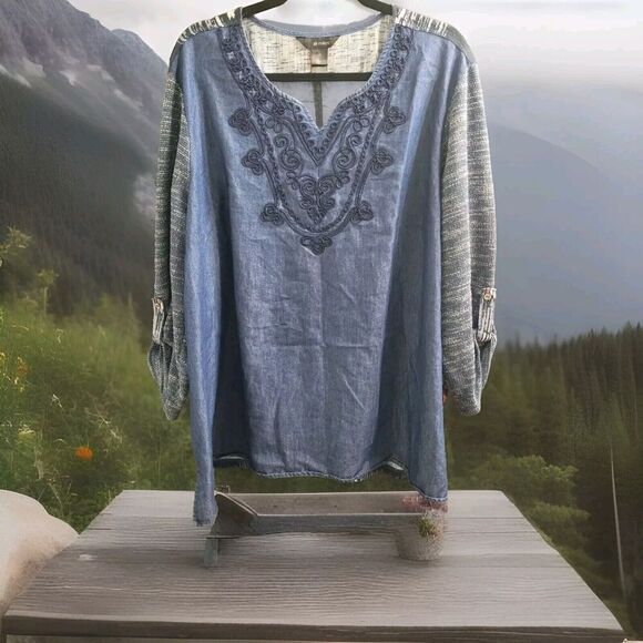 Ali Miles Plus Size 3X Denim Chambray Mixed Media Art to Wear Blouse Top - Picture 1 of 7